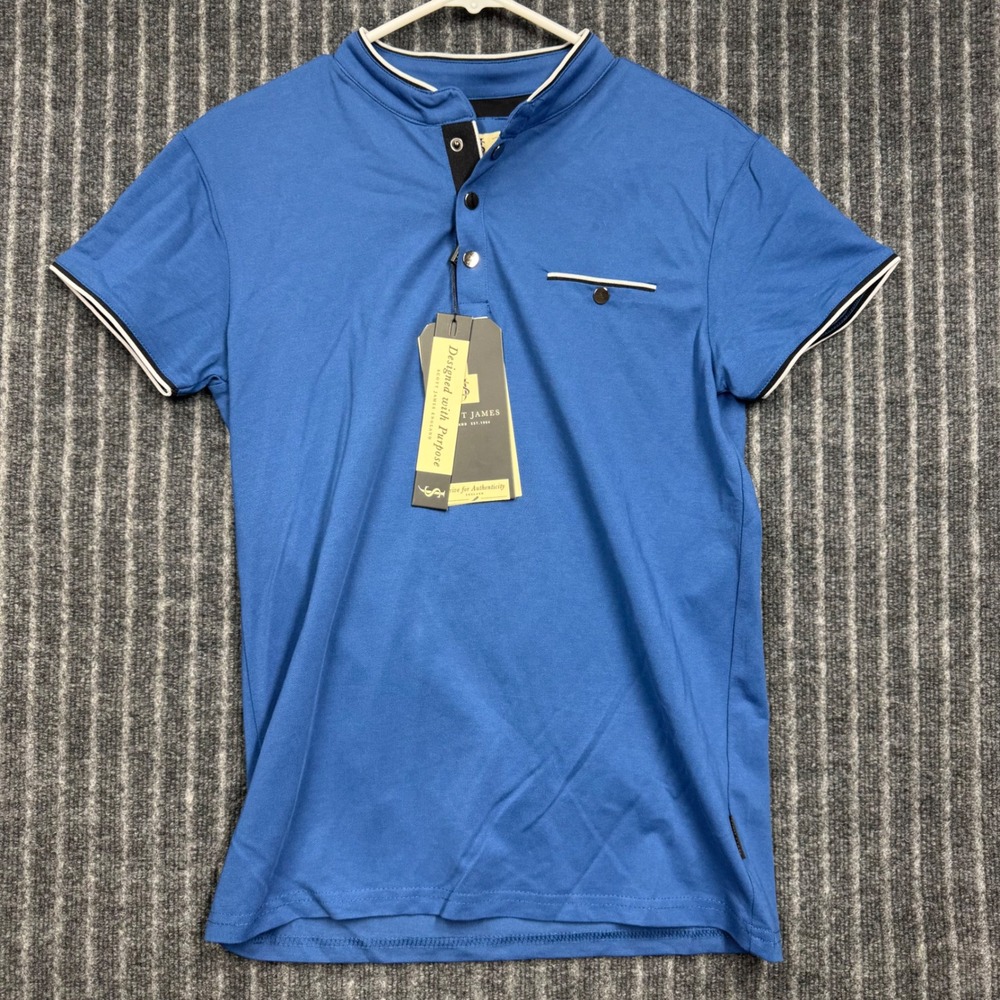Scott James Polo Shirt‎ Small True Blue New Mandarin Collar Snap Buttons (2238)